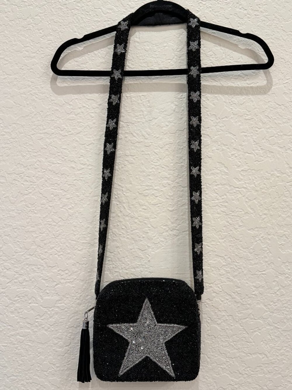 Tiana NY Black Silver Seed Bead Star Crossbody Bag Beaded Strap Tassel OS